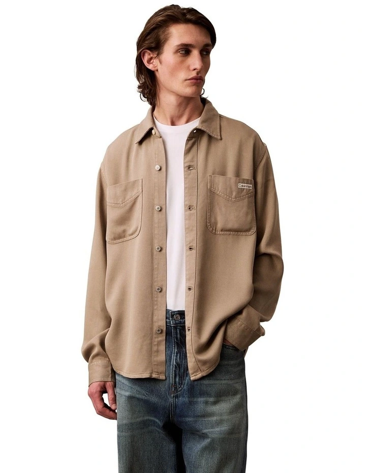Soft Overdye Left Hand Twill Overshirt in Beige image 1