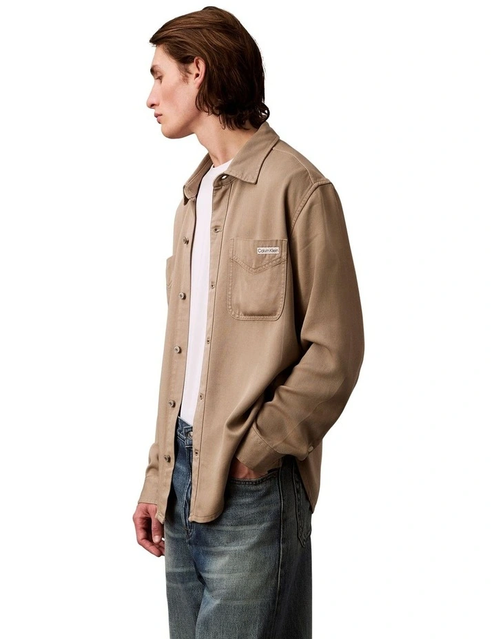 Soft Overdye Left Hand Twill Overshirt in Beige image 3