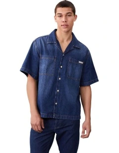 Short Sleeve Denim Camp Shirt in Nile Blue