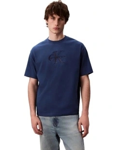 Short Sleeves Hero Monologo Embroidered Crewneck Tee in Blue
