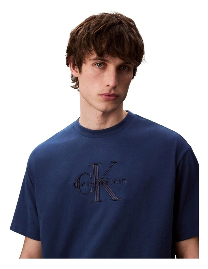 Short Sleeves Hero Monologo Embroidered Crewneck Tee in Blue image 4