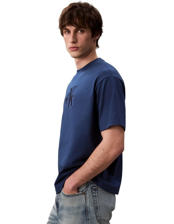 Short Sleeves Hero Monologo Embroidered Crewneck Tee in Blue image 5