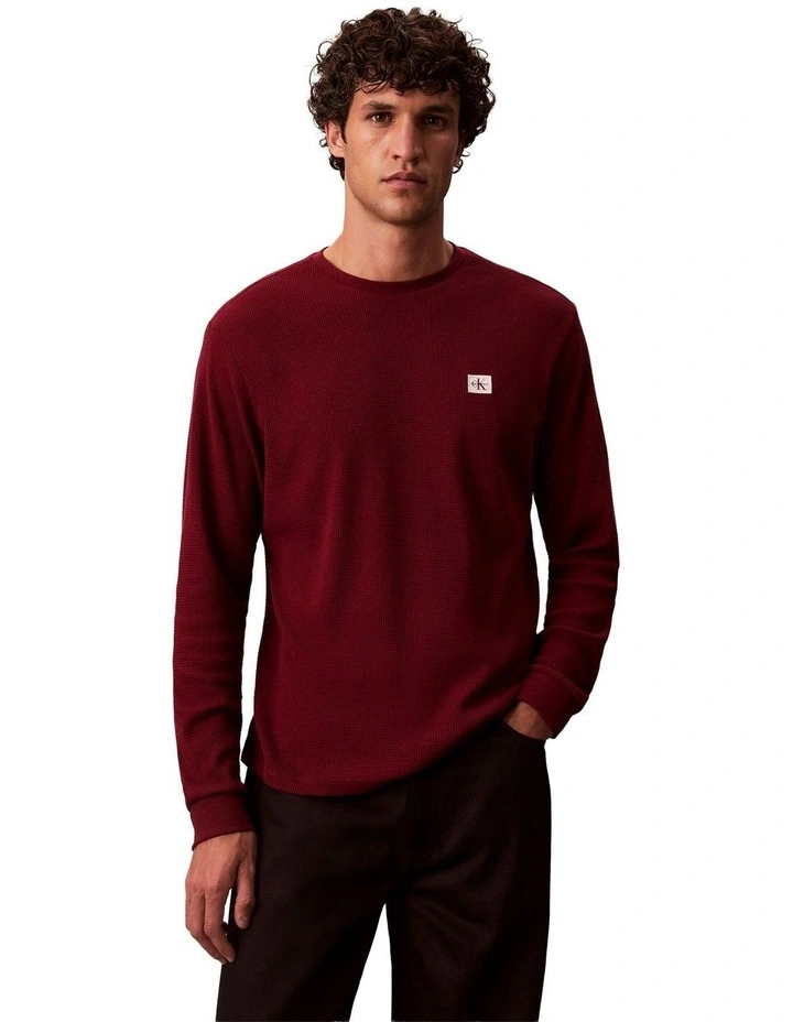 Badge Waffle Long Sleeve Tee in Red image 1
