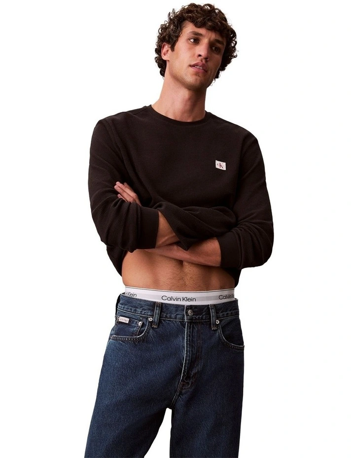 Long sleeves Waffle Badge Crewneck Tee in Black image 3