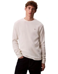 Long sleeves Waffle Badge Crew Neck Tee in White