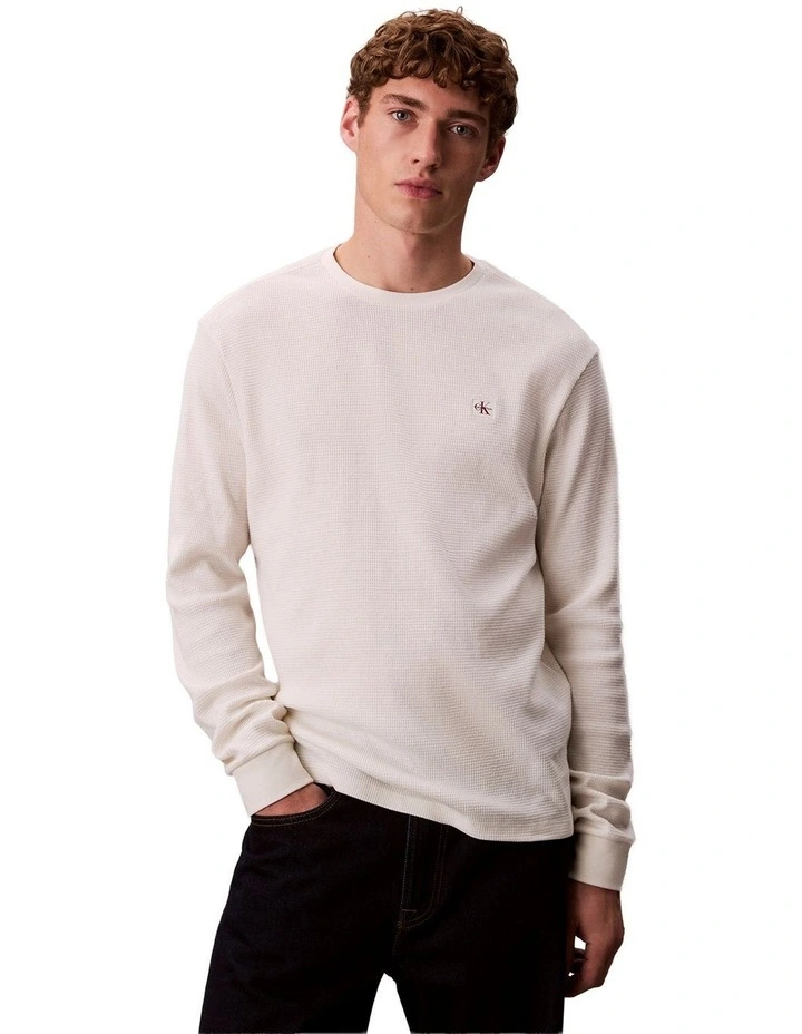Long sleeves Waffle Badge Crew Neck Tee in White image 1