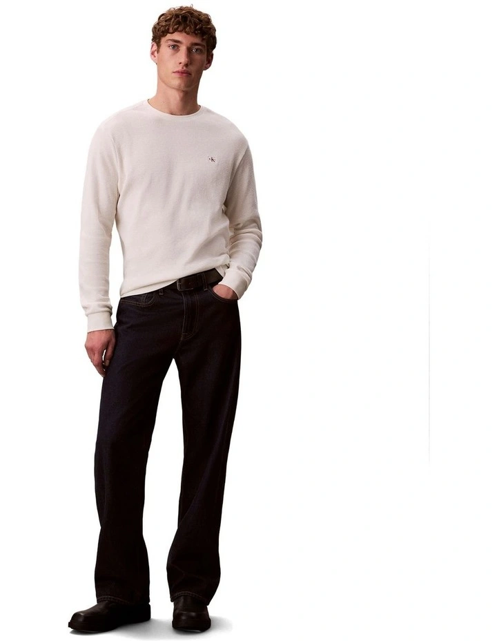 Long sleeves Waffle Badge Crew Neck Tee in White image 5