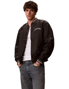 Long Sleeve Unfilled Nylon Tipped Graphic Bomber Jacket in Black