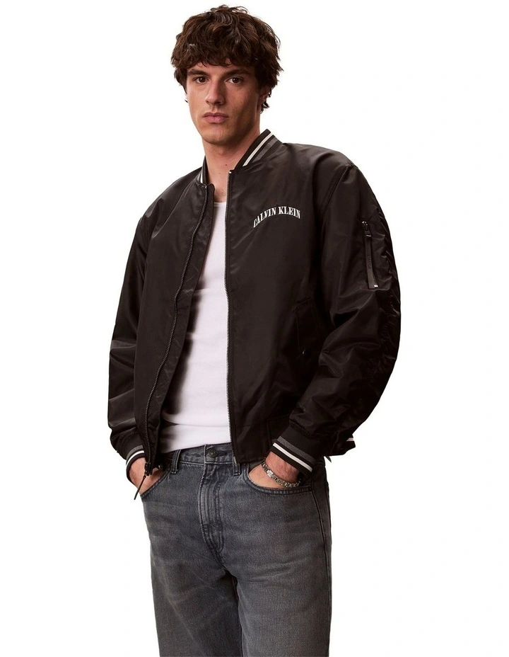 Long Sleeve Unfilled Nylon Tipped Graphic Bomber Jacket in Black image 1