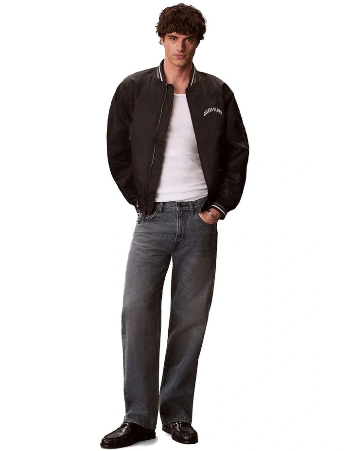 Long Sleeve Unfilled Nylon Tipped Graphic Bomber Jacket in Black image 2