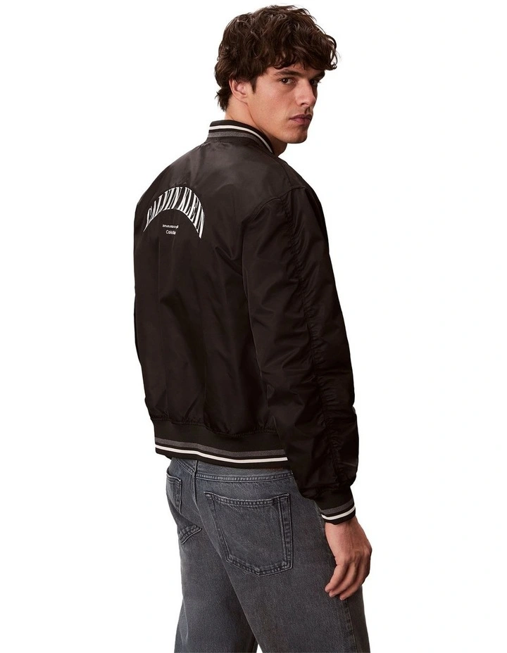 Long Sleeve Unfilled Nylon Tipped Graphic Bomber Jacket in Black image 3