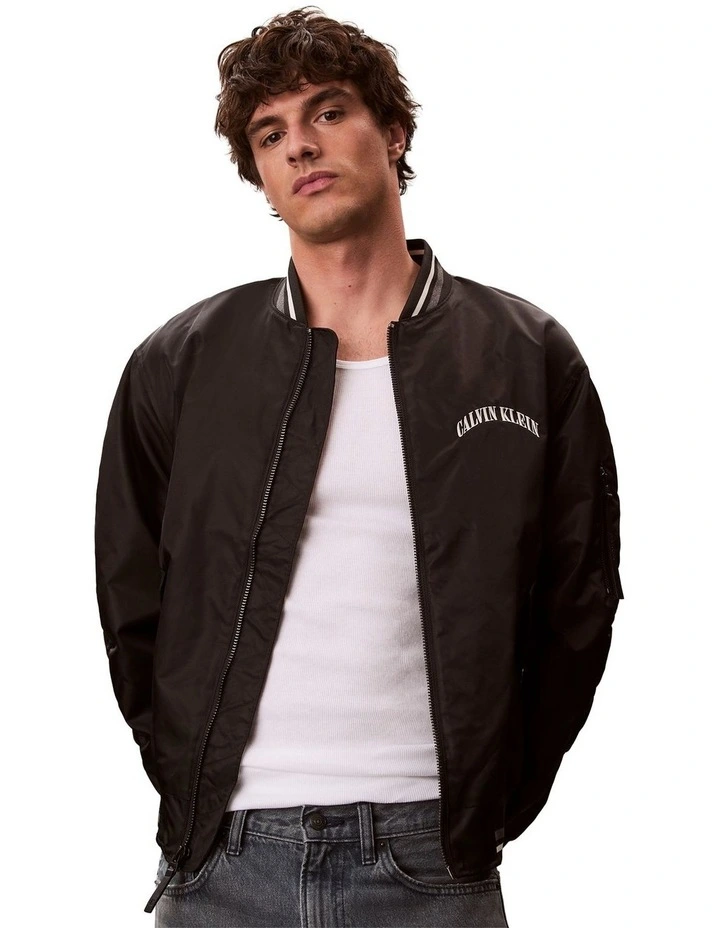 Long Sleeve Unfilled Nylon Tipped Graphic Bomber Jacket in Black image 4
