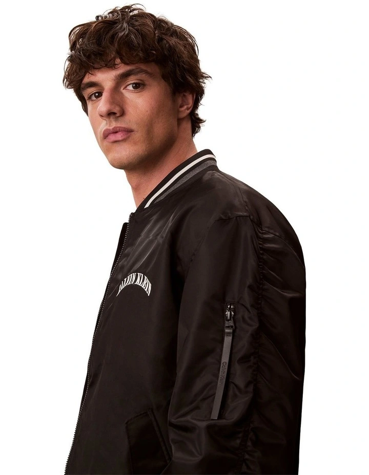 Long Sleeve Unfilled Nylon Tipped Graphic Bomber Jacket in Black image 5