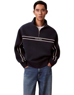 Long Sleeve Cotton Spacer Logo Jacquard Quarter Zip Jacket in Blue