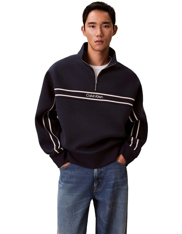Long Sleeve Cotton Spacer Logo Jacquard Quarter Zip Jacket in Blue image 1