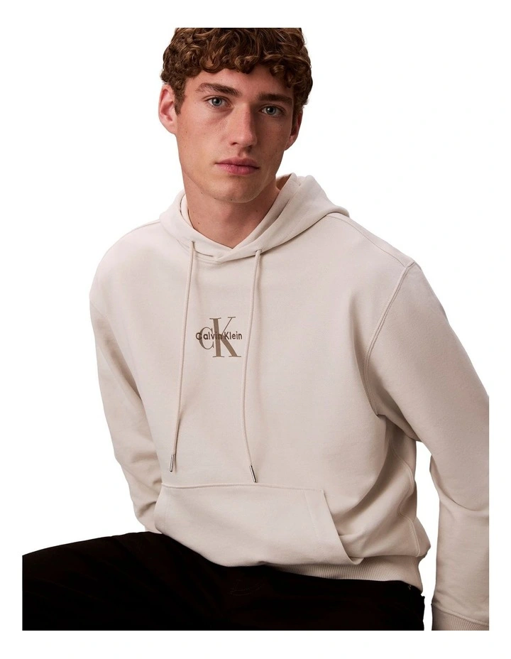 CK Cotton Terry Monogram Hoodie in White image 3