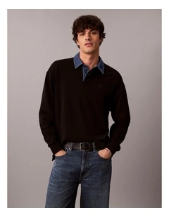 Long Sleeve Relaxed Casual Pique Denim Collar Rugby