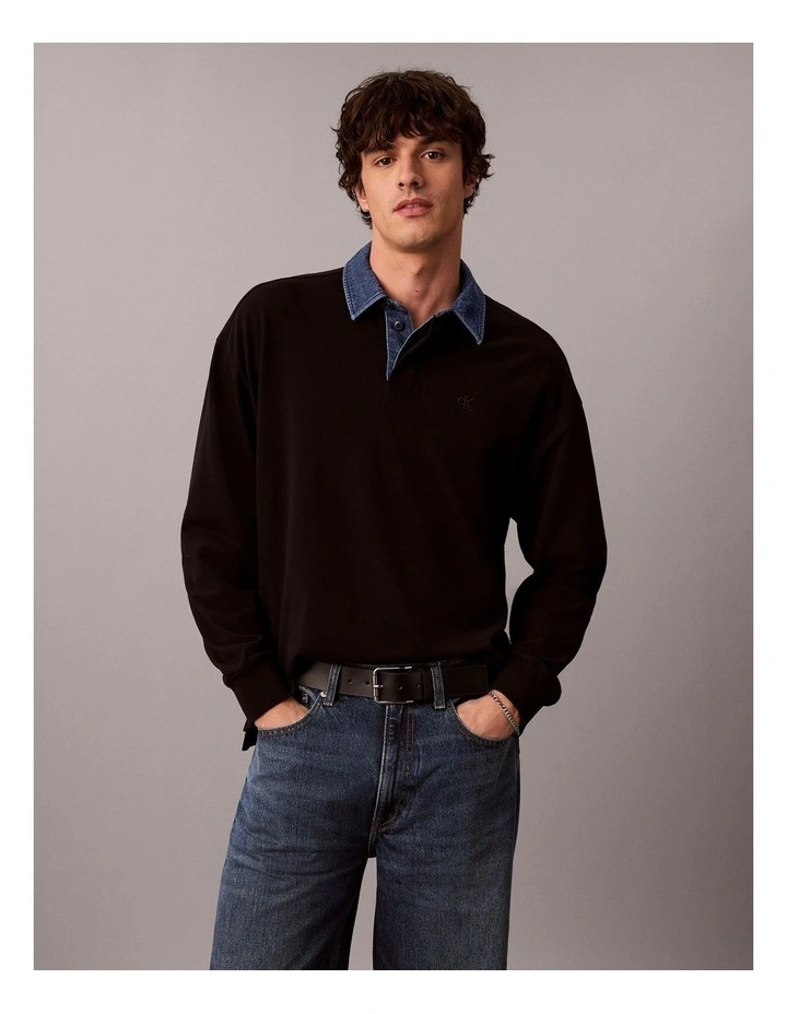 Long Sleeve Relaxed Casual Pique Denim Collar Rugby image 1