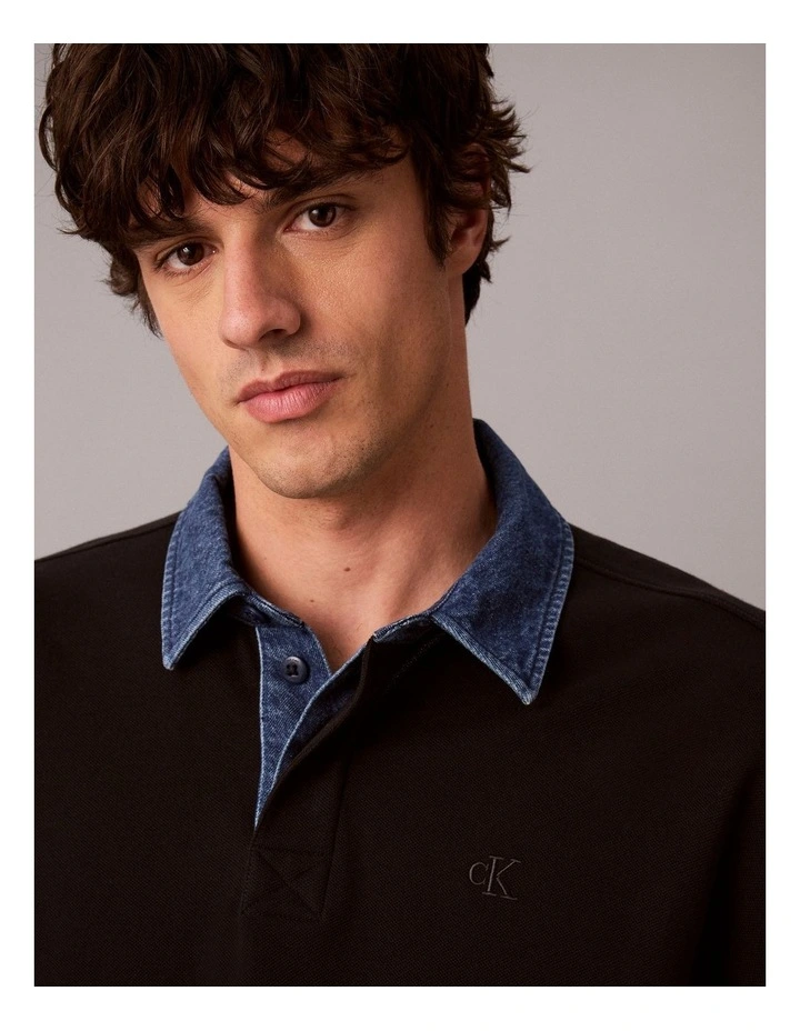 Long Sleeve Relaxed Casual Pique Denim Collar Rugby image 4