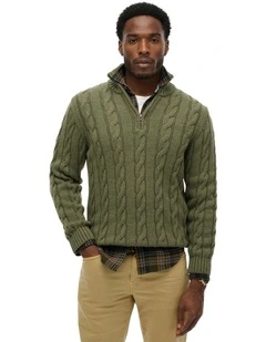Jacob Cable Knit Half Zip in Moss Green