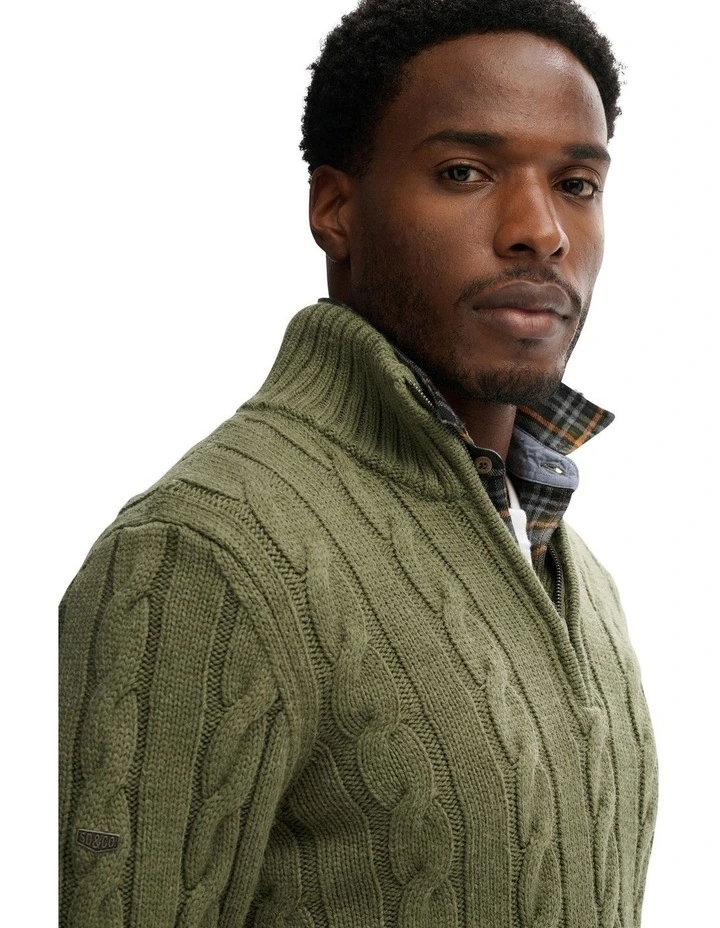 Jacob Cable Knit Half Zip in Moss Green image 3