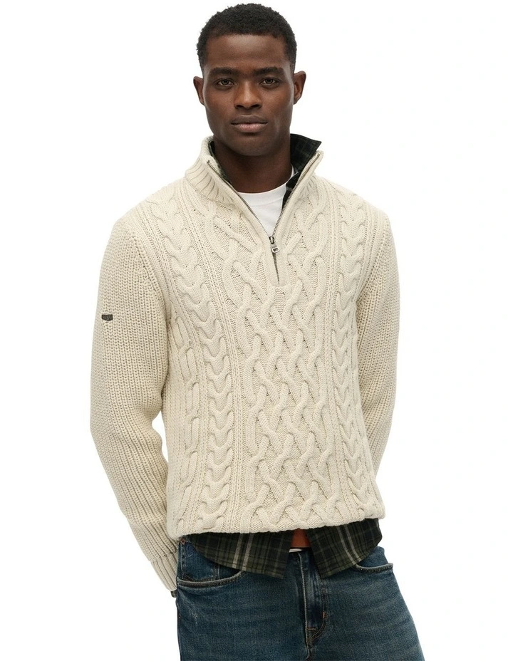 Jacob Cable Knit Half Zip in Ecru image 1