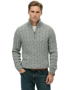 Jacob Cable Knit Half Zip in Mid Grey