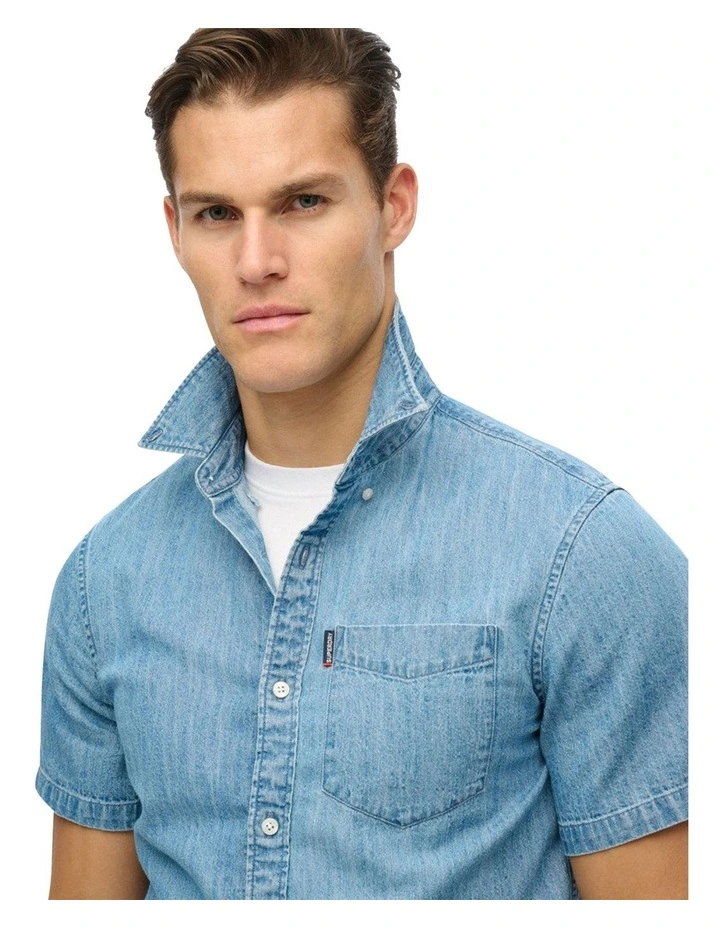 Essential Short Sleeve Denim Shirt in Vintage Wash image 3