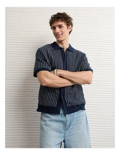 Button-Up Sweater Polo Shirt in Soft Blue Stripe