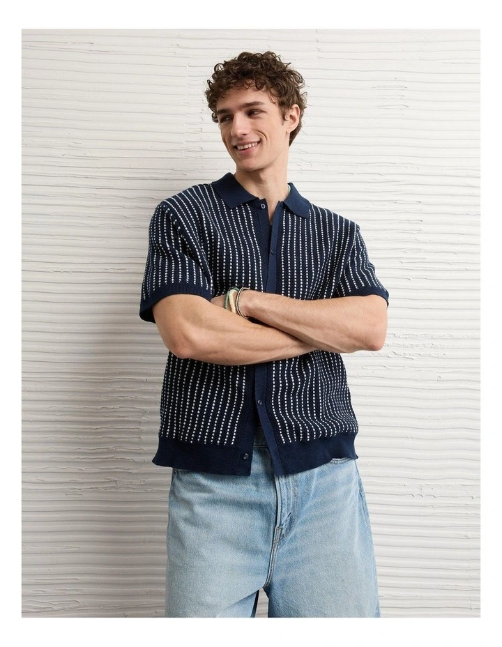 Button-Up Sweater Polo Shirt in Soft Blue Stripe image 1