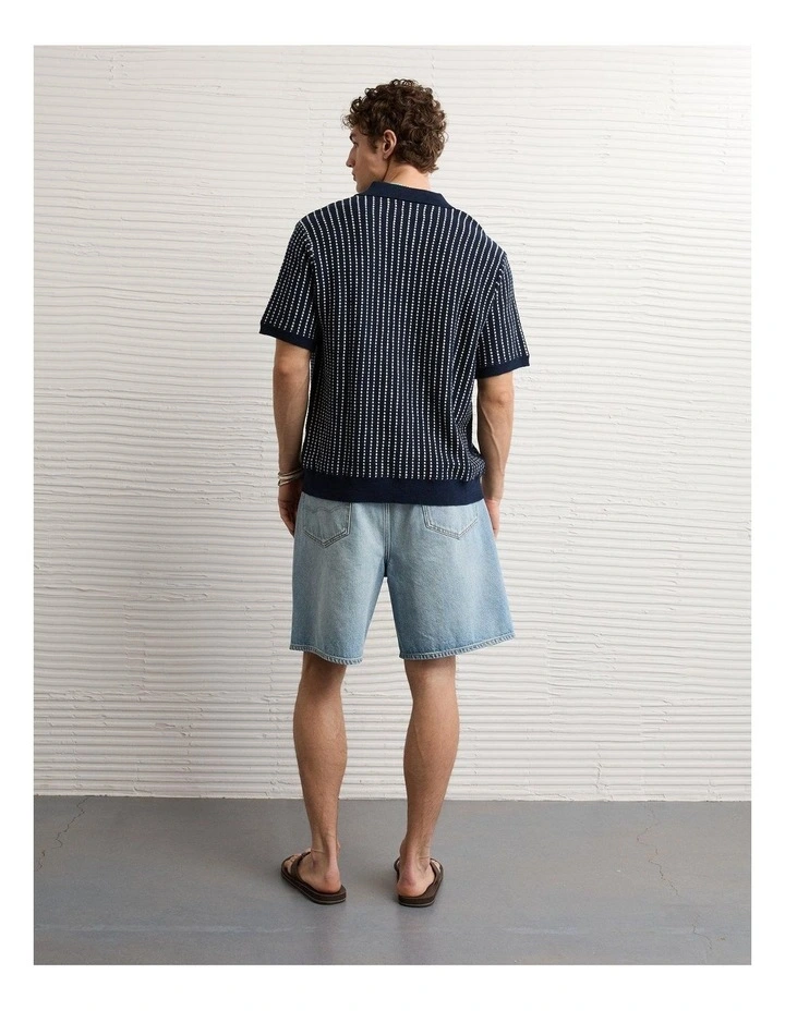 Button-Up Sweater Polo Shirt in Soft Blue Stripe image 2