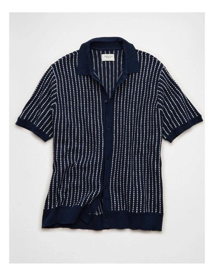 Button-Up Sweater Polo Shirt in Soft Blue Stripe image 3