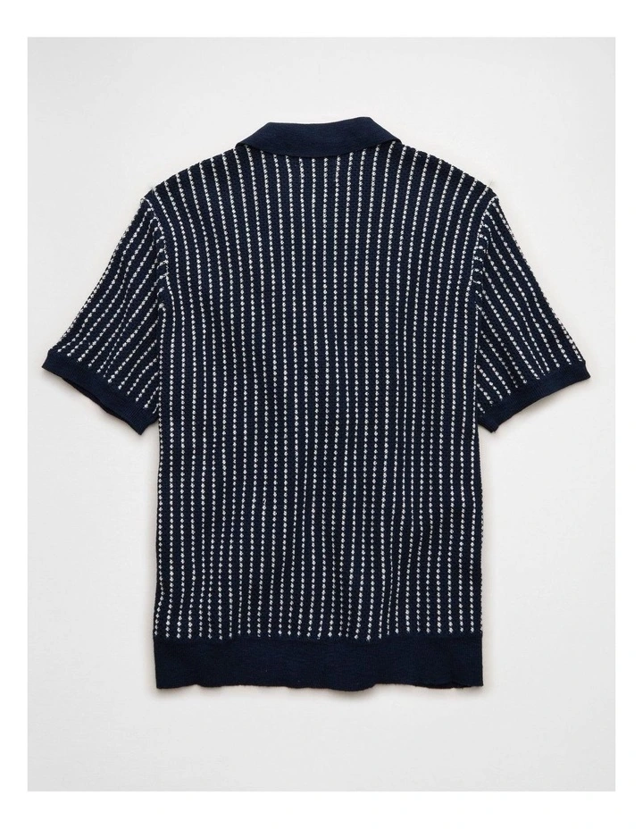 Button-Up Sweater Polo Shirt in Soft Blue Stripe image 4