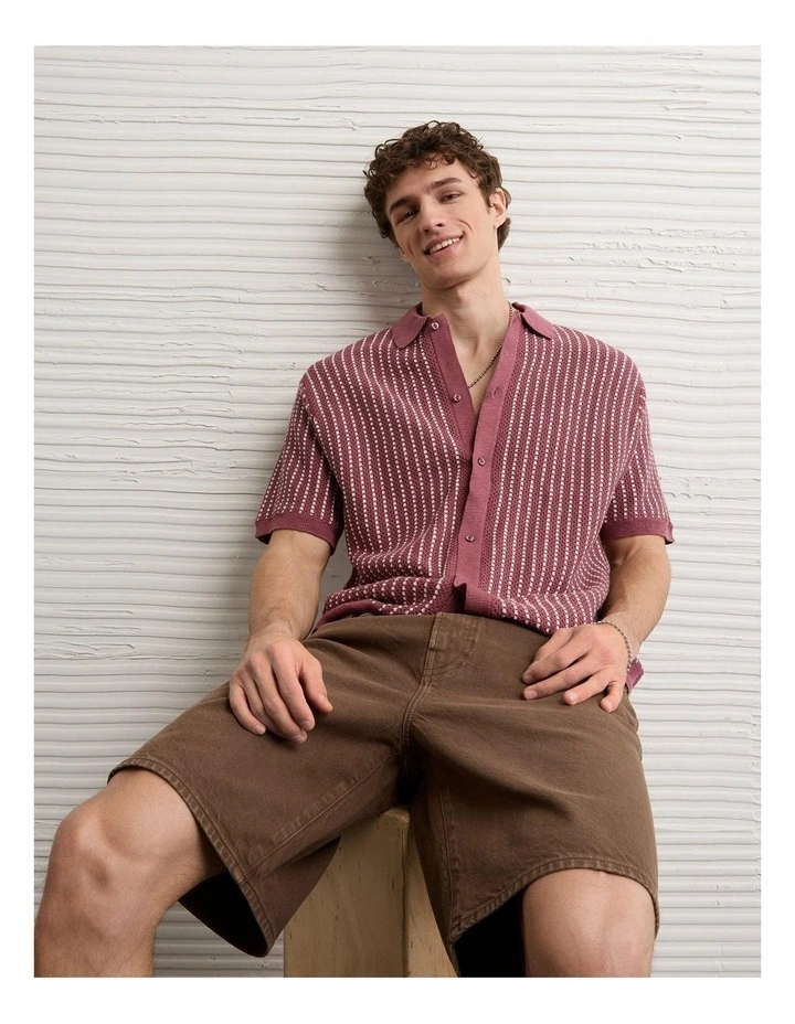 Button-Up Sweater Polo Shirt in Terracotta Stripe image 1
