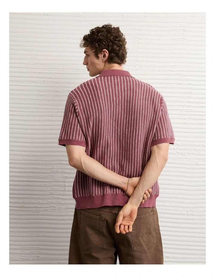 Button-Up Sweater Polo Shirt in Terracotta Stripe image 2