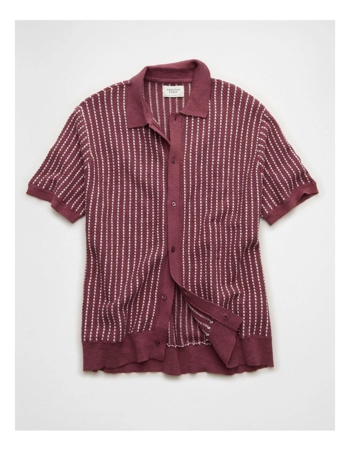 Button-Up Sweater Polo Shirt in Terracotta Stripe image 3