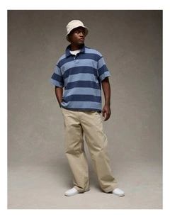 Boxy Fit Pique Polo Shirt in Navy Stripe