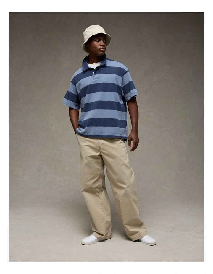 Boxy Fit Pique Polo Shirt in Navy Stripe image 1