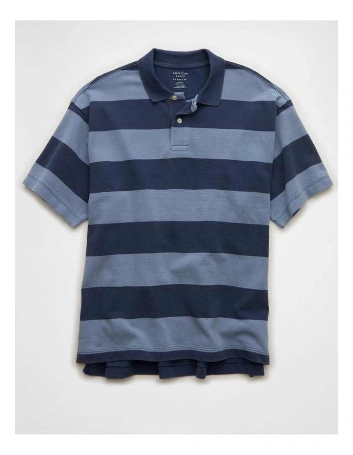 Boxy Fit Pique Polo Shirt in Navy Stripe image 3