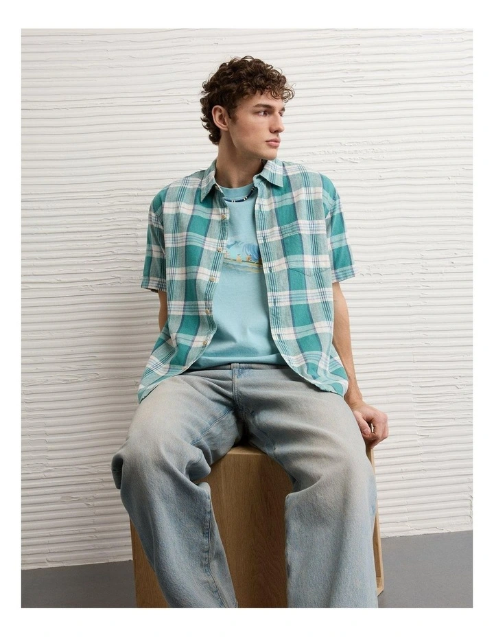 Standard Fit Linen-Blend Button-Up Shirt in Teal image 1
