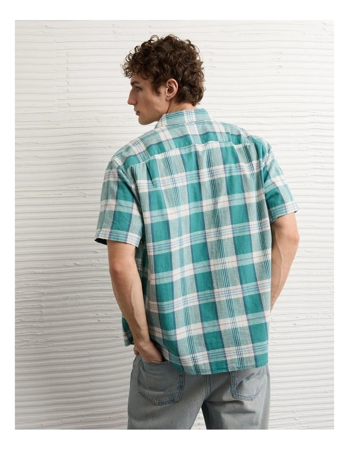Standard Fit Linen-Blend Button-Up Shirt in Teal image 2