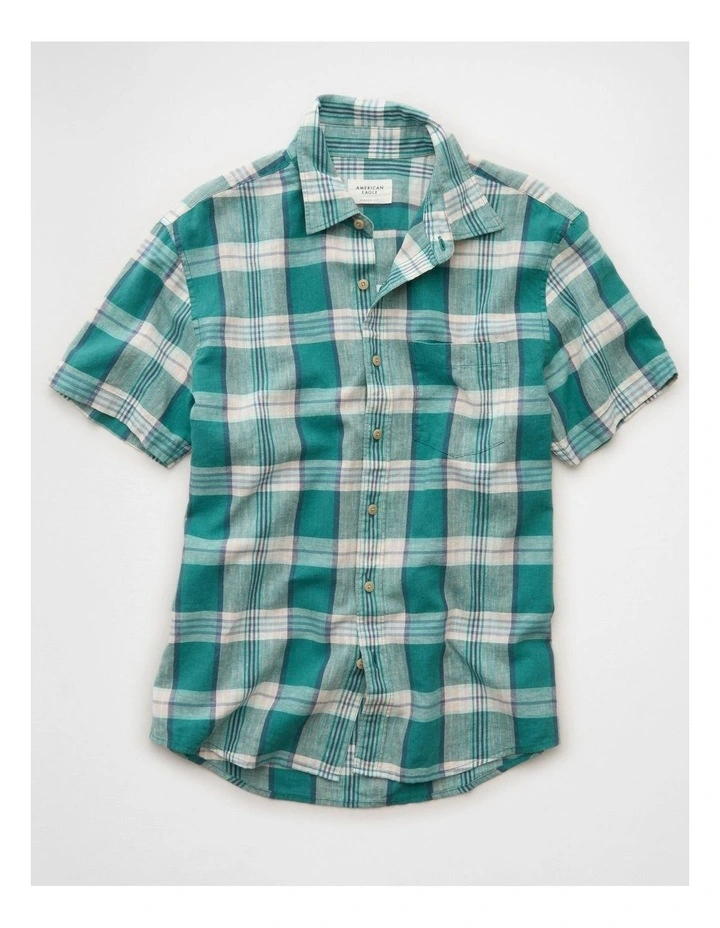 Standard Fit Linen-Blend Button-Up Shirt in Teal image 3