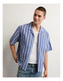 Relaxed Camp Collar Button-Up Shirt in Light Blue Stripe