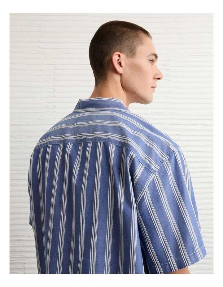Relaxed Camp Collar Button-Up Shirt in Light Blue Stripe image 2