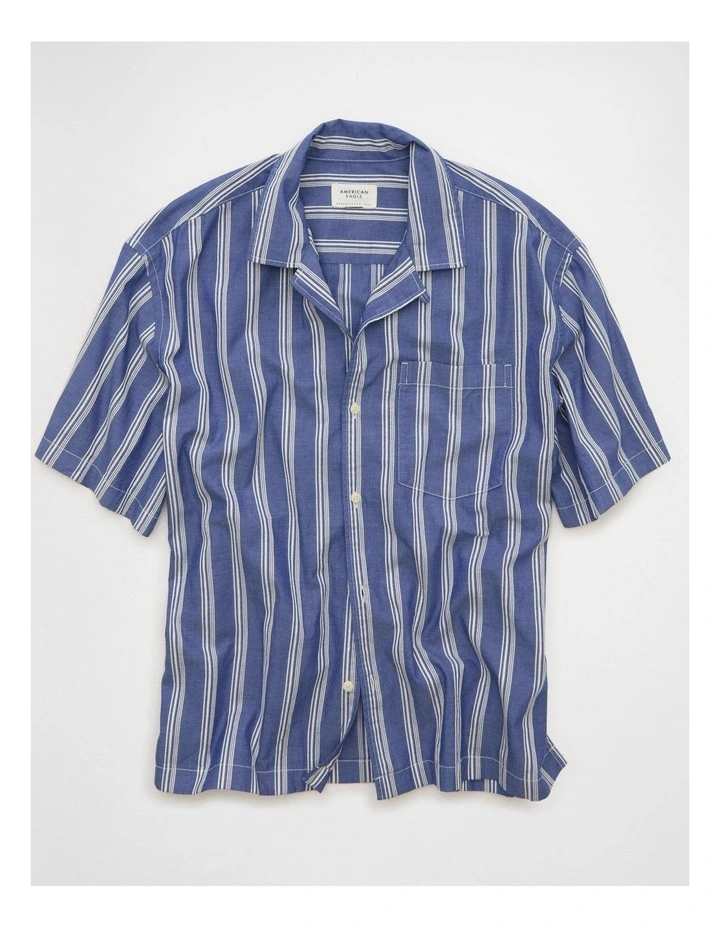 Relaxed Camp Collar Button-Up Shirt in Light Blue Stripe image 3