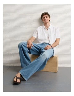 Standard Fit Linen-Blend Button-Up Shirt in White