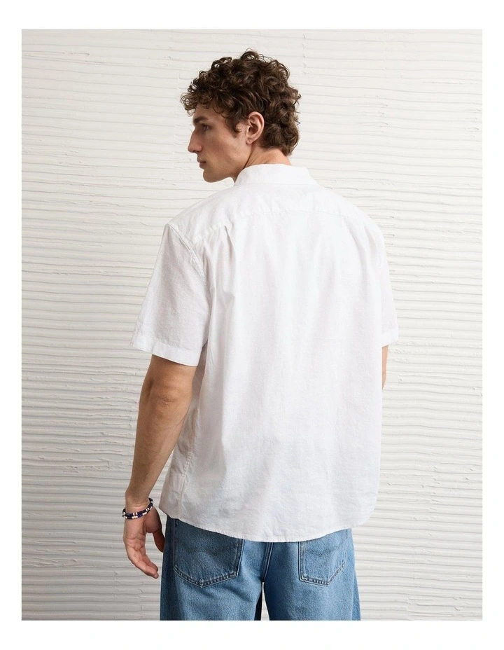 Standard Fit Linen-Blend Button-Up Shirt in White image 2