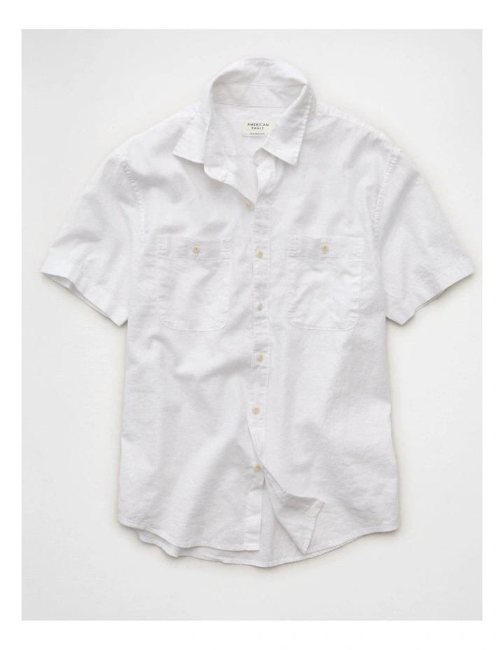 Standard Fit Linen-Blend Button-Up Shirt in White image 3