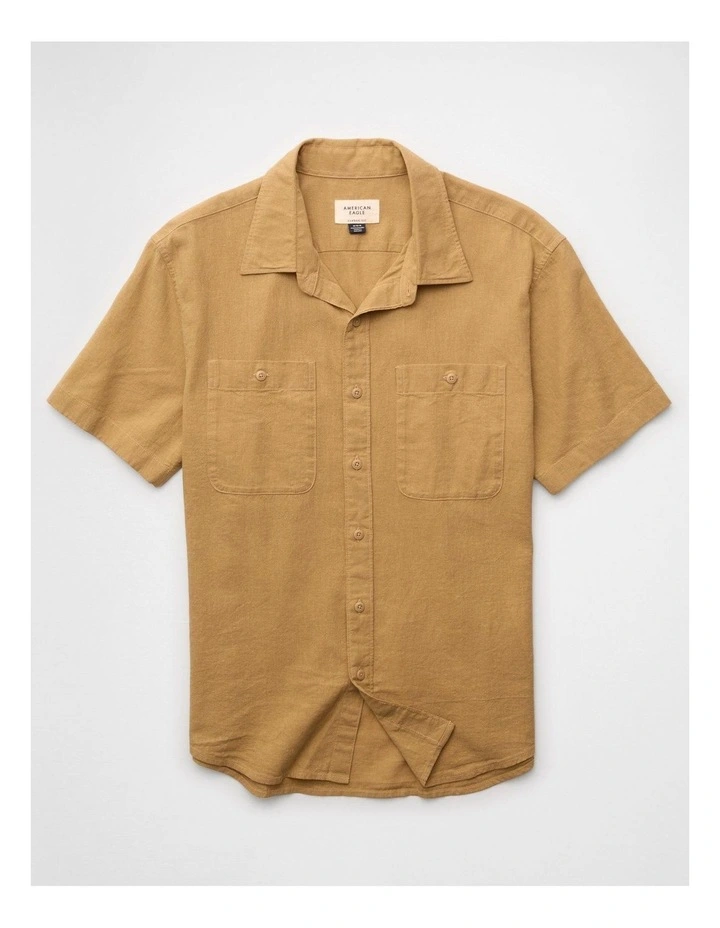 Standard Fit Linen-Blend Button-Up Shirt in Sands image 3