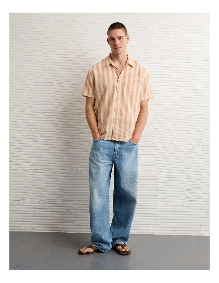 Standard Fit Linen-Blend Button-Up Shirt in Orange Stripe image 1